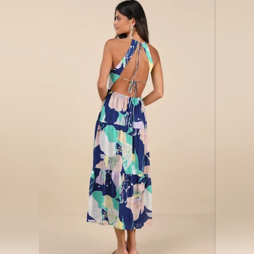 Lulus Hours of Flowers Blue Multi Floral Lace-Up Tiered Midi Dress Size XS - Picture 13 of 13